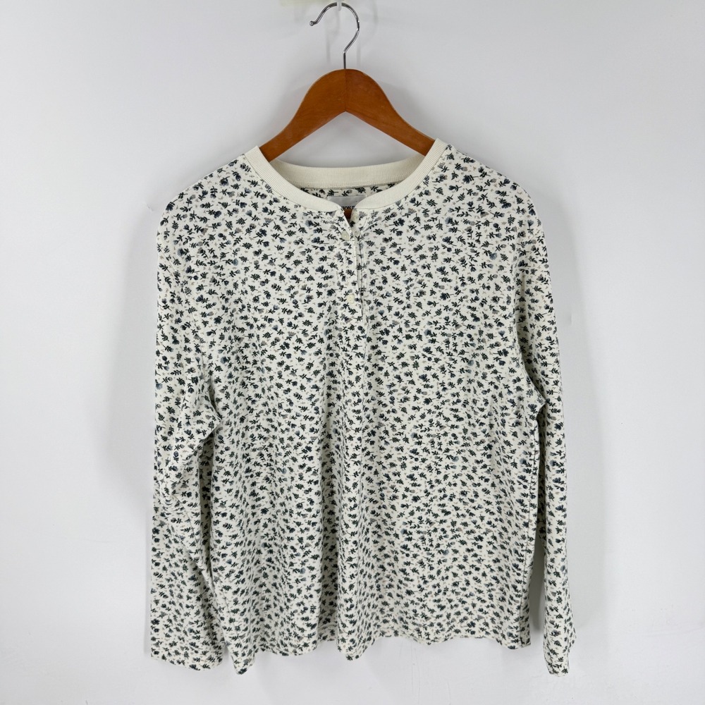 Vintage 90s Fashion Bug Henley Top Cream XL Ditsy Floral Cottagecore Grandma